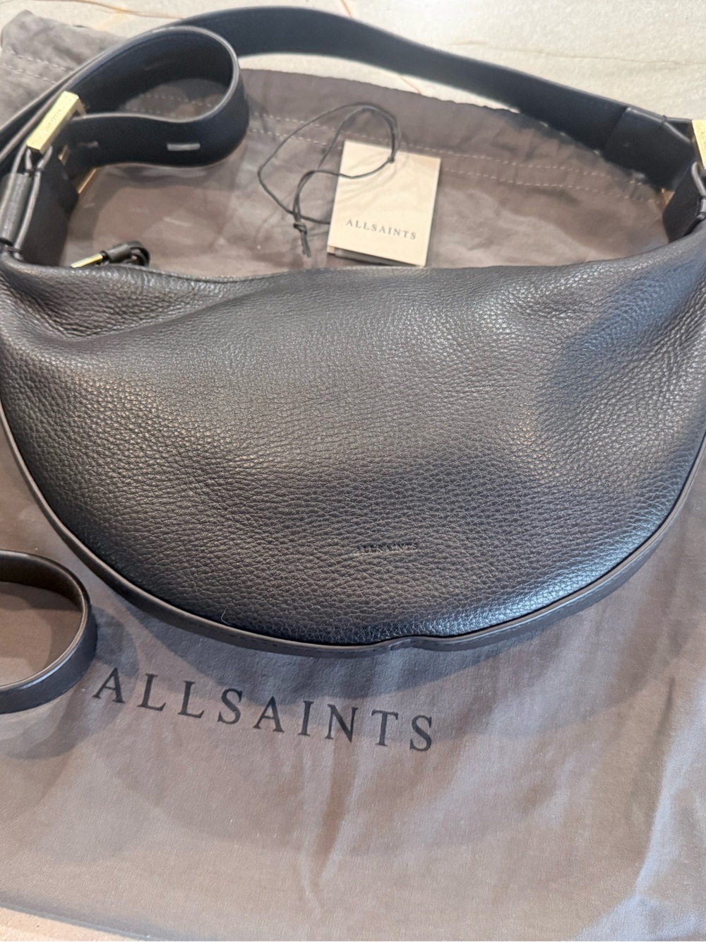 All Saints Black Leather Half Moon Crescent Crossbody Bag - Picture 2 of 3